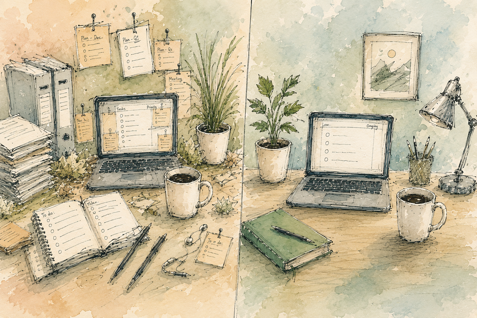 Before and after: chaotic desk vs. clean organized workspace